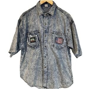 70s Slick Jeans Acid Washed Shirt Men's Sz L Blue Button Up Logo Patches Pockets
